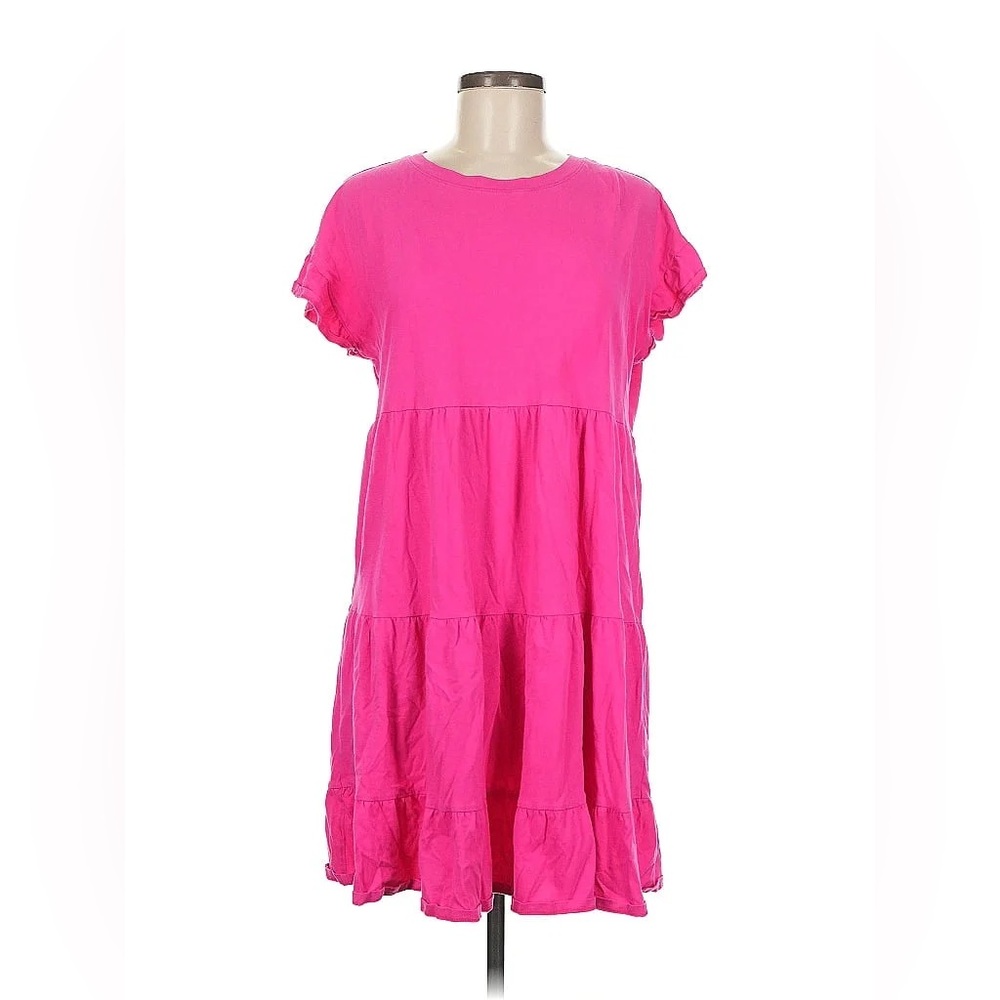 J. Crew Vibrant Pink Tiered Ruffle Cap Sleeve Dress Size L